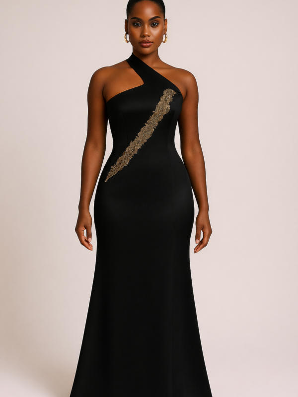 robe longue asymétrique broderie or – reine athalie